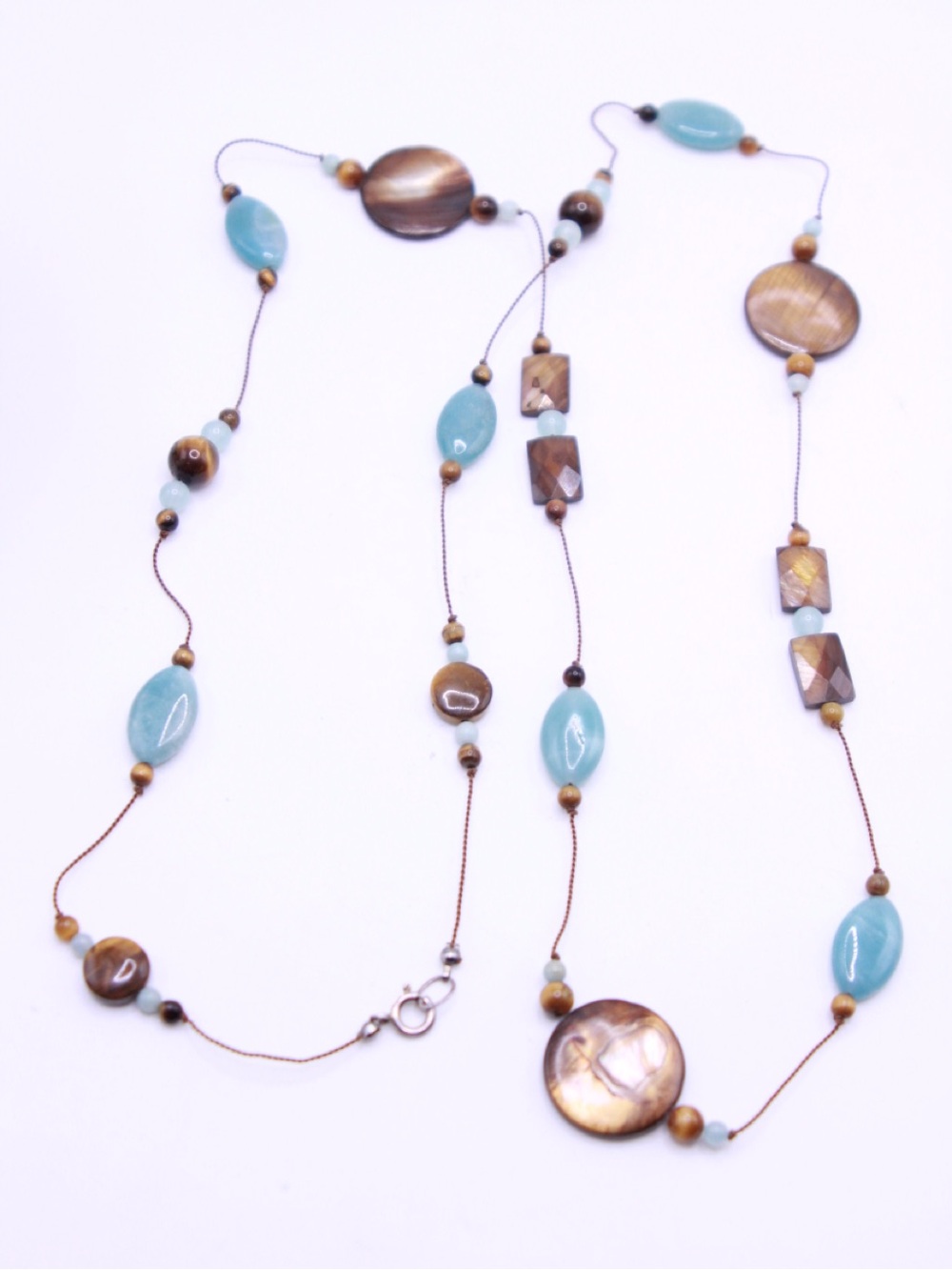 .925 Sterling Silver Handknotted Aquamarine MOP Tigers Eye Stone necklace